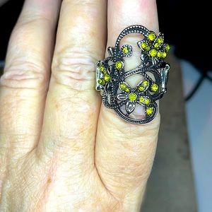 Antiqued Silver Ring with yellow Rhinestones